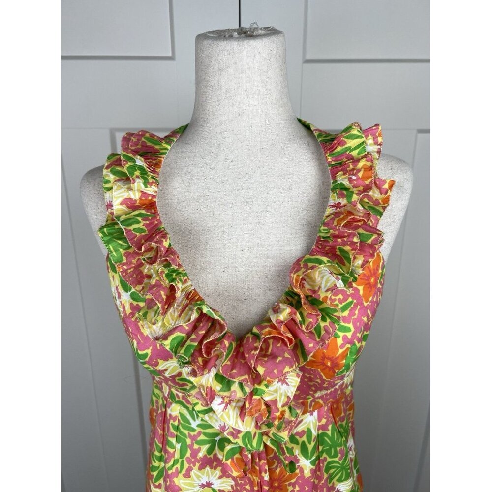 Lilly Pulitzer Ruffle Halter Dress Floral Pink Green Orange Cotton Lined Size 0 - Picture 2 of 11